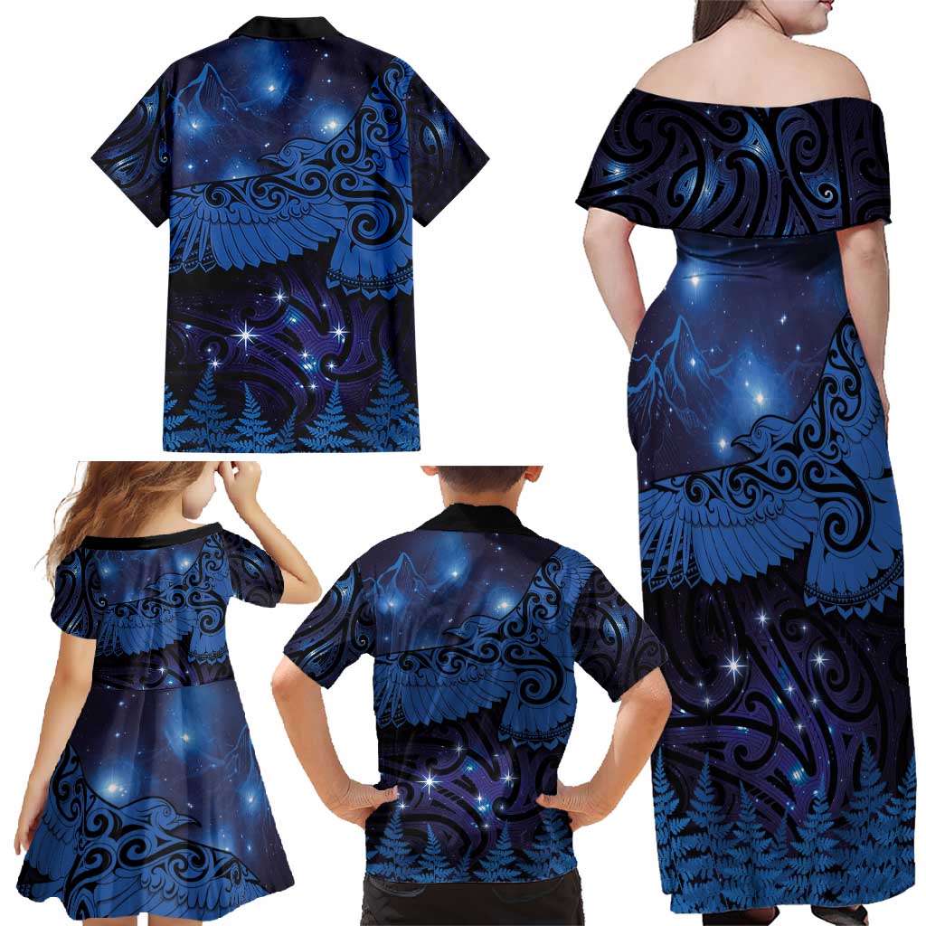 New Zealand Kea Bird Family Matching Off Shoulder Maxi Dress and Hawaiian Shirt Maori Tattoo and Silver Fern Matariki Style LT03 - Polynesian Pride
