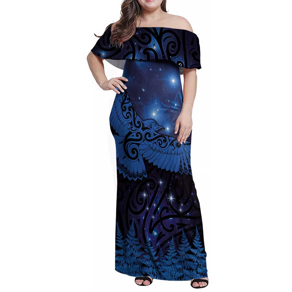 New Zealand Kea Bird Family Matching Off Shoulder Maxi Dress and Hawaiian Shirt Maori Tattoo and Silver Fern Matariki Style LT03 Mom's Dress Blue - Polynesian Pride