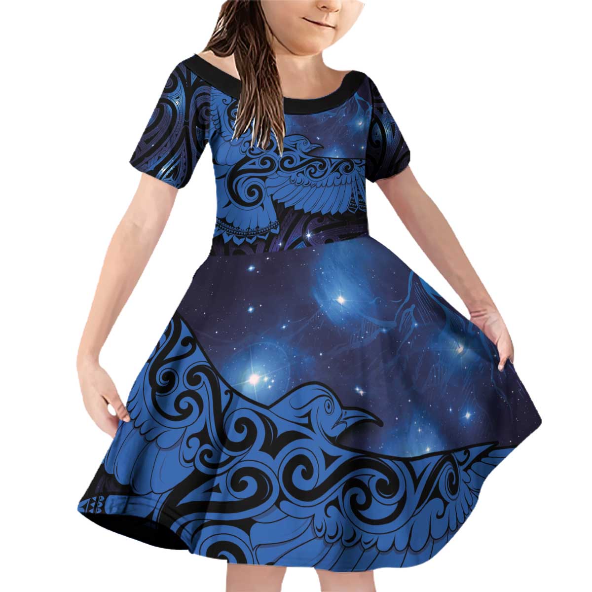 New Zealand Kea Bird Family Matching Off Shoulder Short Dress and Hawaiian Shirt Maori Tattoo and Silver Fern Matariki Style LT03 Daughter's Dress Blue - Polynesian Pride