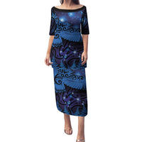 New Zealand Kea Bird Family Matching Puletasi and Hawaiian Shirt Maori Tattoo and Silver Fern Matariki Style LT03 Mom's Dress Blue - Polynesian Pride