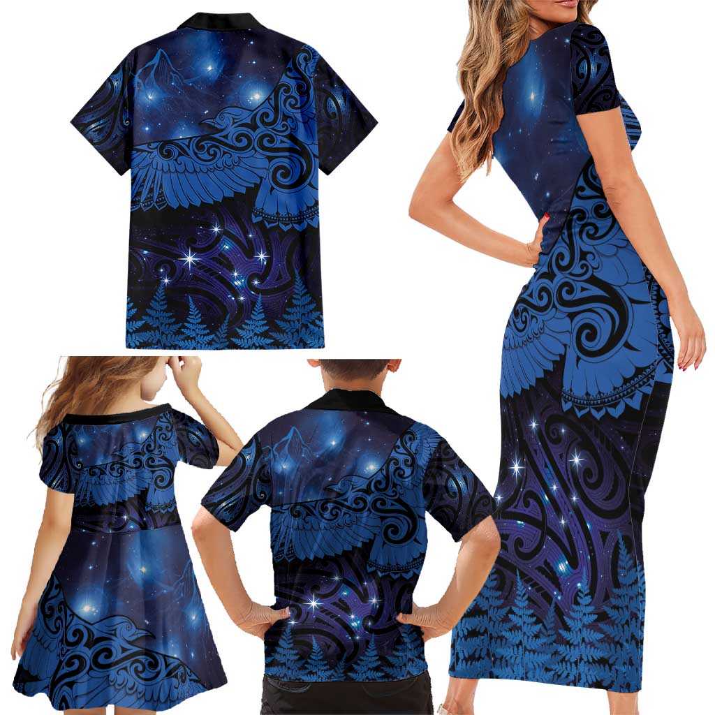 New Zealand Kea Bird Family Matching Short Sleeve Bodycon Dress and Hawaiian Shirt Maori Tattoo and Silver Fern Matariki Style LT03 - Polynesian Pride