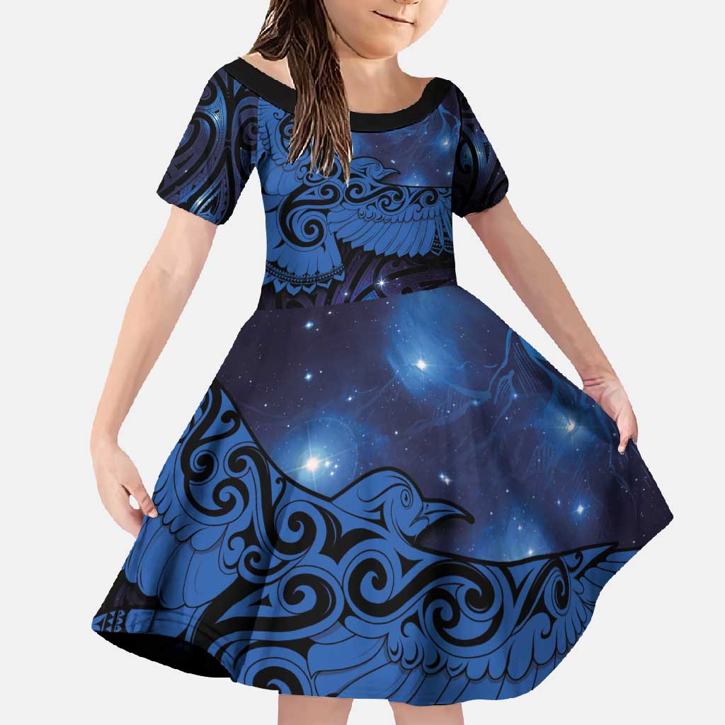 New Zealand Kea Bird Family Matching Summer Maxi Dress and Hawaiian Shirt Maori Tattoo and Silver Fern Matariki Style LT03 Daughter's Dress Blue - Polynesian Pride