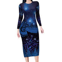 New Zealand Kea Bird Long Sleeve Bodycon Dress Maori Tattoo and Silver Fern Matariki Style LT03 Long Dress Blue - Polynesian Pride
