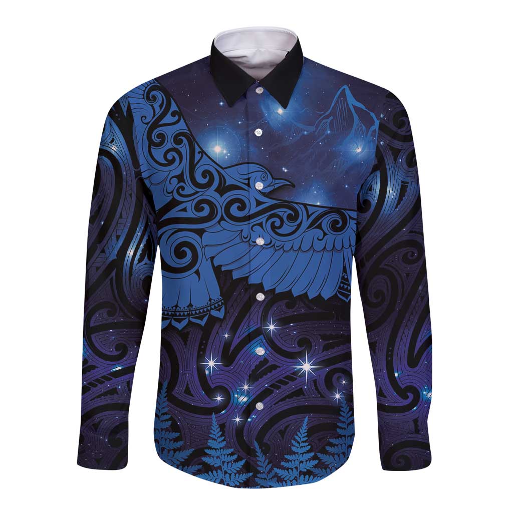 New Zealand Kea Bird Long Sleeve Button Shirt Maori Tattoo and Silver Fern Matariki Style LT03 Unisex Blue - Polynesian Pride