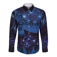 New Zealand Kea Bird Long Sleeve Button Shirt Maori Tattoo and Silver Fern Matariki Style LT03 Unisex Blue - Polynesian Pride