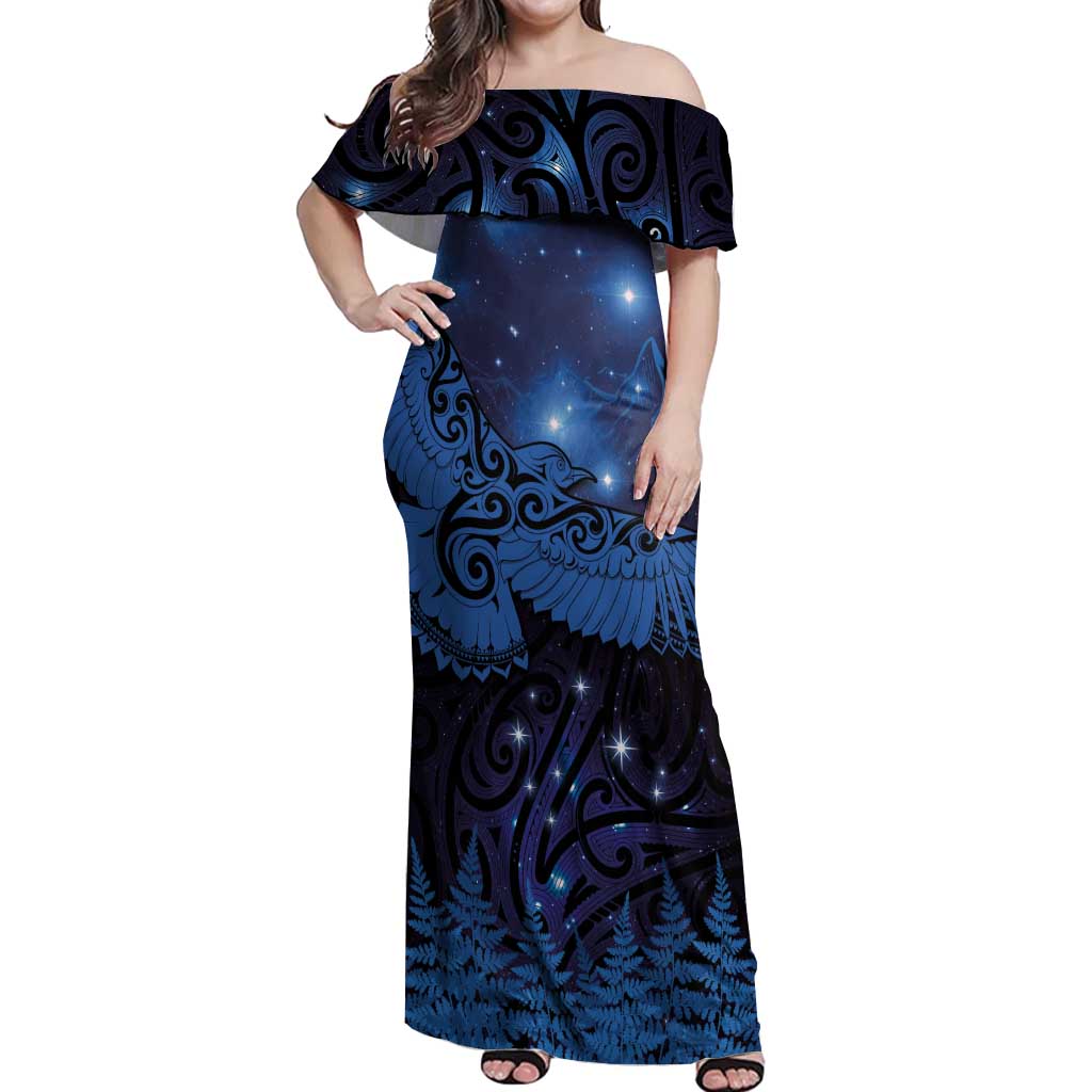 New Zealand Kea Bird Off Shoulder Maxi Dress Maori Tattoo and Silver Fern Matariki Style LT03 Women Blue - Polynesian Pride