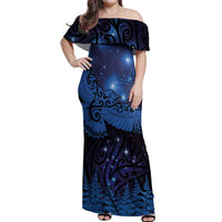 New Zealand Kea Bird Off Shoulder Maxi Dress Maori Tattoo and Silver Fern Matariki Style LT03 Women Blue - Polynesian Pride