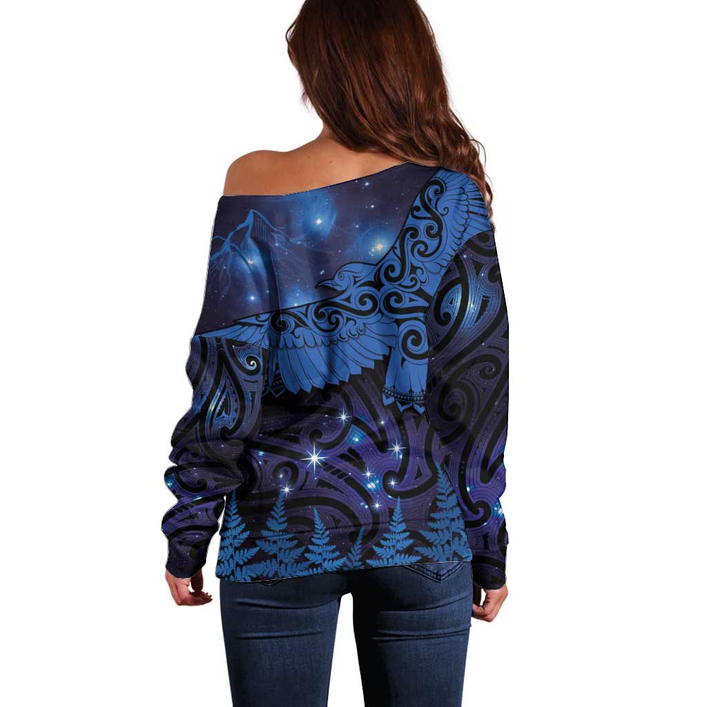 New Zealand Kea Bird Off Shoulder Sweater Maori Tattoo and Silver Fern Matariki Style LT03 - Polynesian Pride