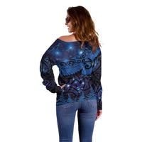 New Zealand Kea Bird Off Shoulder Sweater Maori Tattoo and Silver Fern Matariki Style LT03 - Polynesian Pride