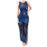 New Zealand Kea Bird Tank Maxi Dress Maori Tattoo and Silver Fern Matariki Style LT03 Women Blue - Polynesian Pride
