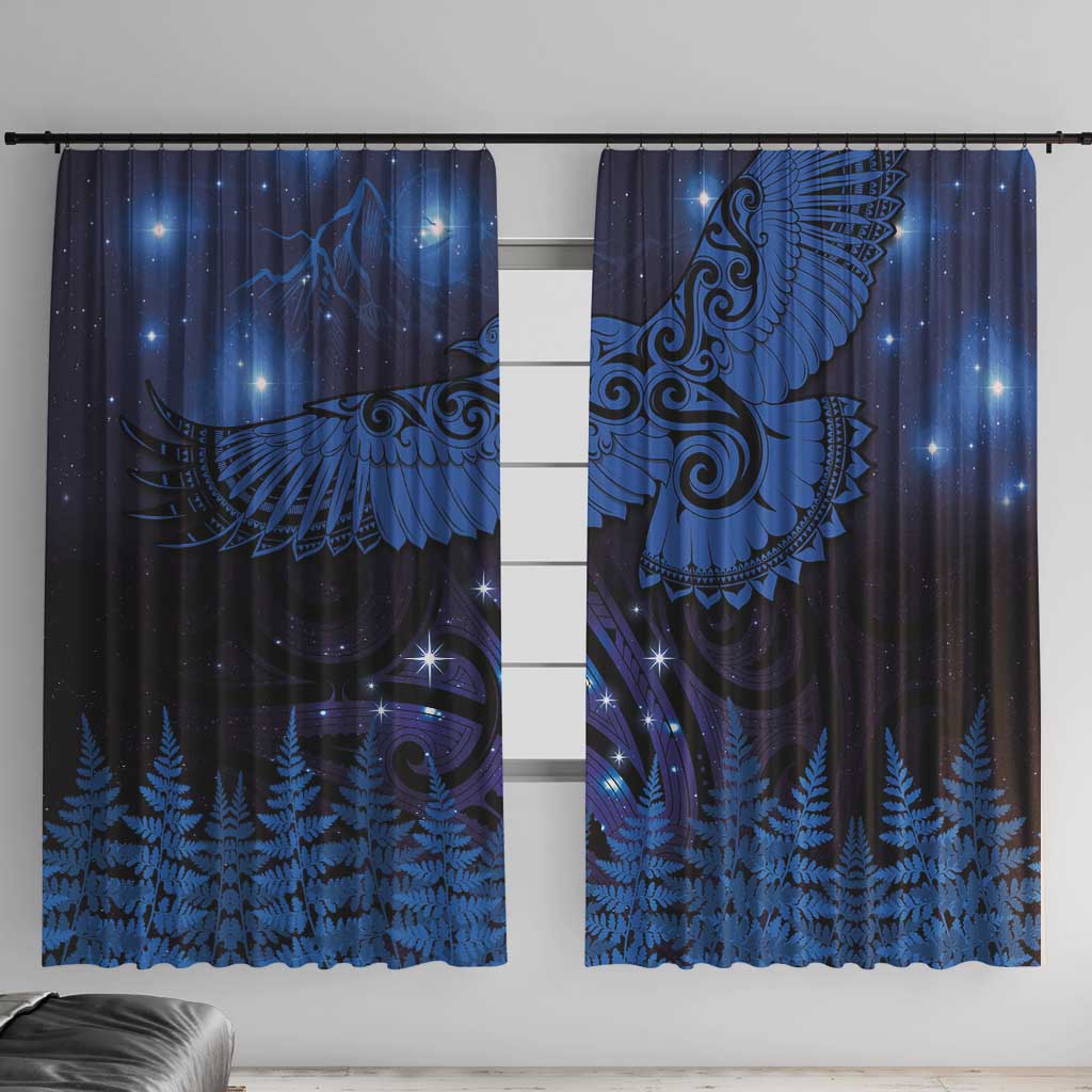 New Zealand Kea Bird Window Curtain Maori Tattoo and Silver Fern Matariki Style LT03 With Hooks Blue - Polynesian Pride