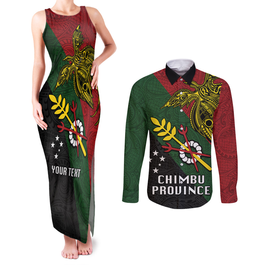 Custom Papua New Guinea Chimbu Province Couples Matching Tank Maxi Dress and Long Sleeve Button Shirts PNG Birds Of Paradise Polynesian Arty Style LT03 Green - Polynesian Pride