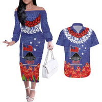 FAST Party Samoa Couples Matching Off The Shoulder Long Sleeve Dress and Hawaiian Shirt Ula Fala Teuila Polynesian Tapa Pattern LT03 Blue - Polynesian Pride