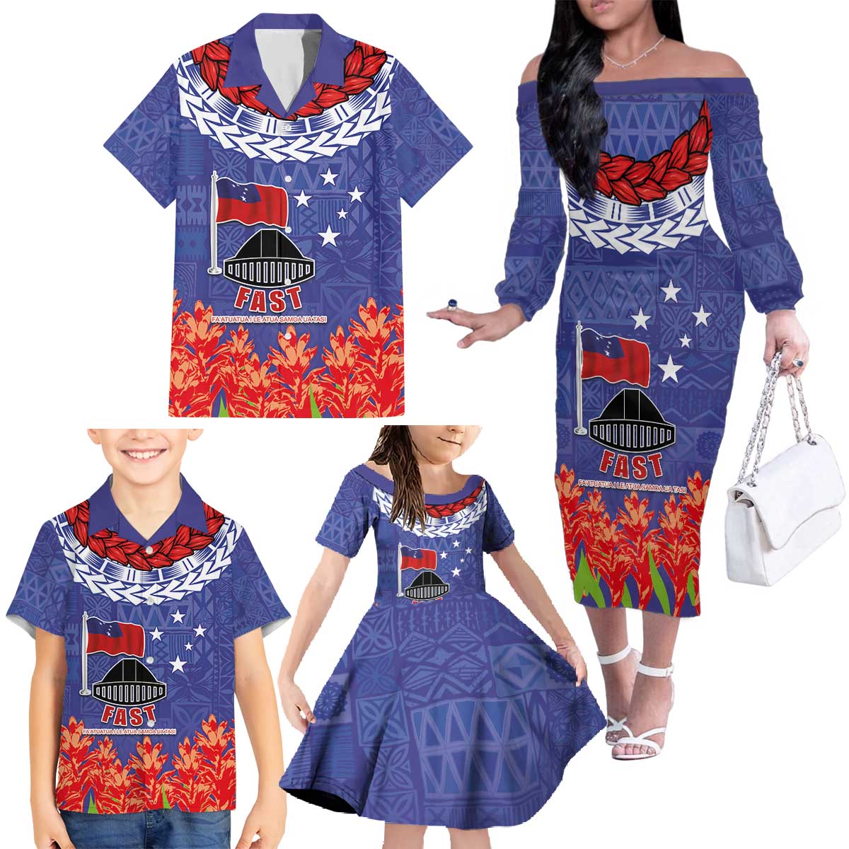 FAST Party Samoa Family Matching Off The Shoulder Long Sleeve Dress and Hawaiian Shirt Ula Fala Teuila Polynesian Tapa Pattern LT03 - Polynesian Pride