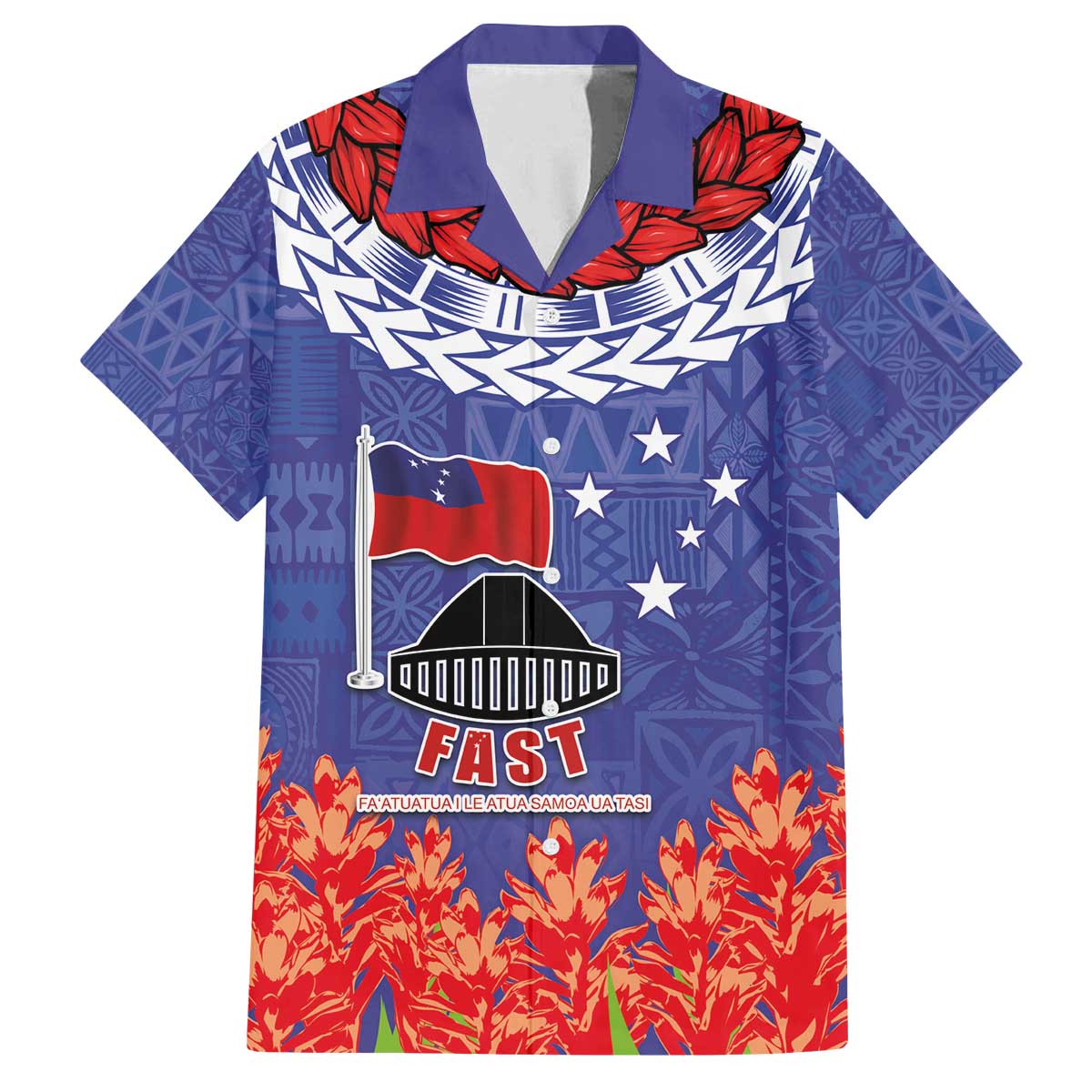 FAST Party Samoa Family Matching Off The Shoulder Long Sleeve Dress and Hawaiian Shirt Ula Fala Teuila Polynesian Tapa Pattern LT03 Dad's Shirt - Short Sleeve Blue - Polynesian Pride