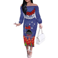 FAST Party Samoa Family Matching Off The Shoulder Long Sleeve Dress and Hawaiian Shirt Ula Fala Teuila Polynesian Tapa Pattern LT03 Mom's Dress Blue - Polynesian Pride