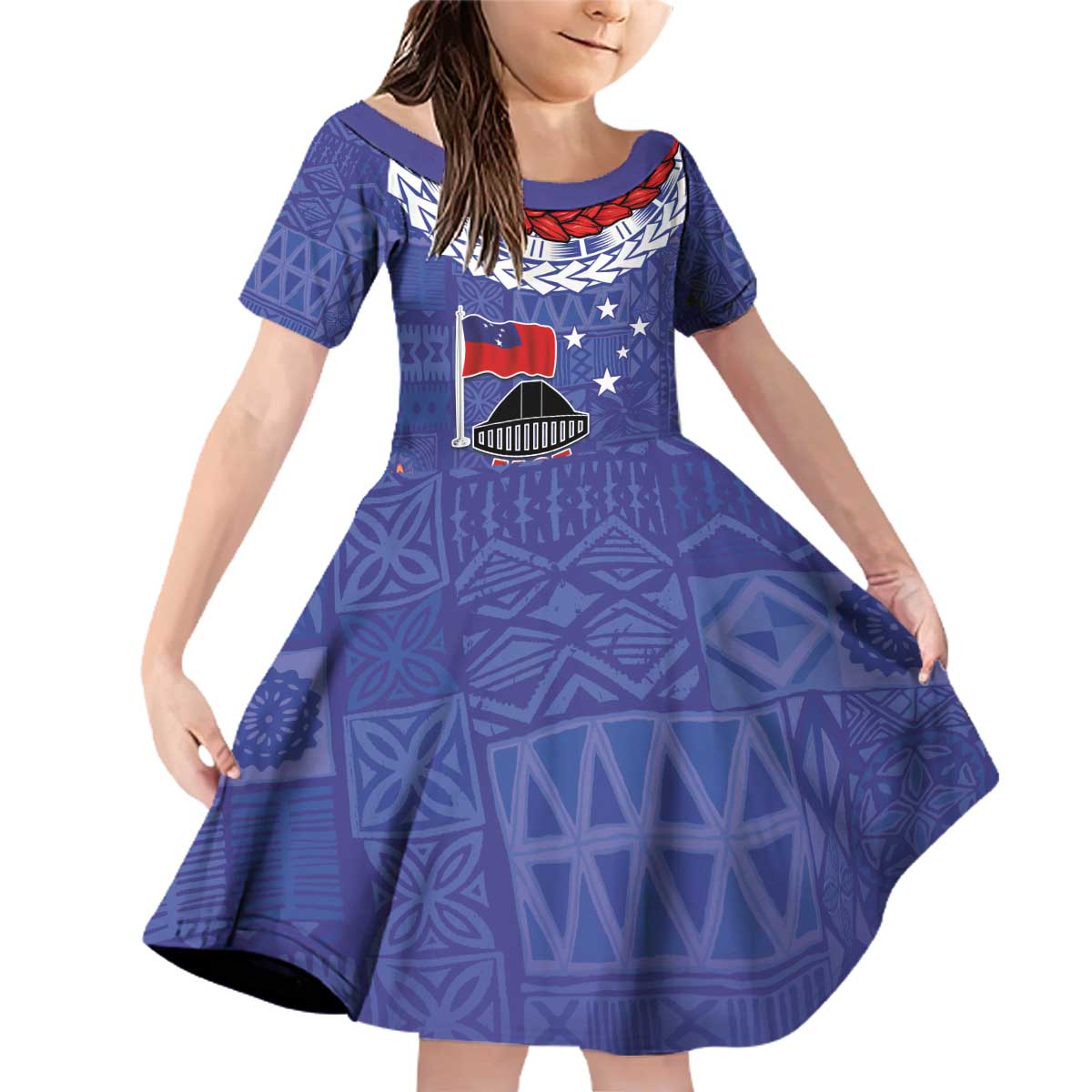 FAST Party Samoa Family Matching Off Shoulder Short Dress and Hawaiian Shirt Ula Fala Teuila Polynesian Tapa Pattern LT03 Daughter's Dress Blue - Polynesian Pride