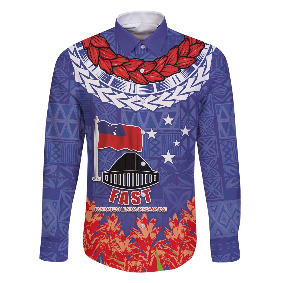 FAST Party Samoa Family Matching Off Shoulder Short Dress and Hawaiian Shirt Ula Fala Teuila Polynesian Tapa Pattern LT03 Dad's Shirt - Long Sleeve Blue - Polynesian Pride