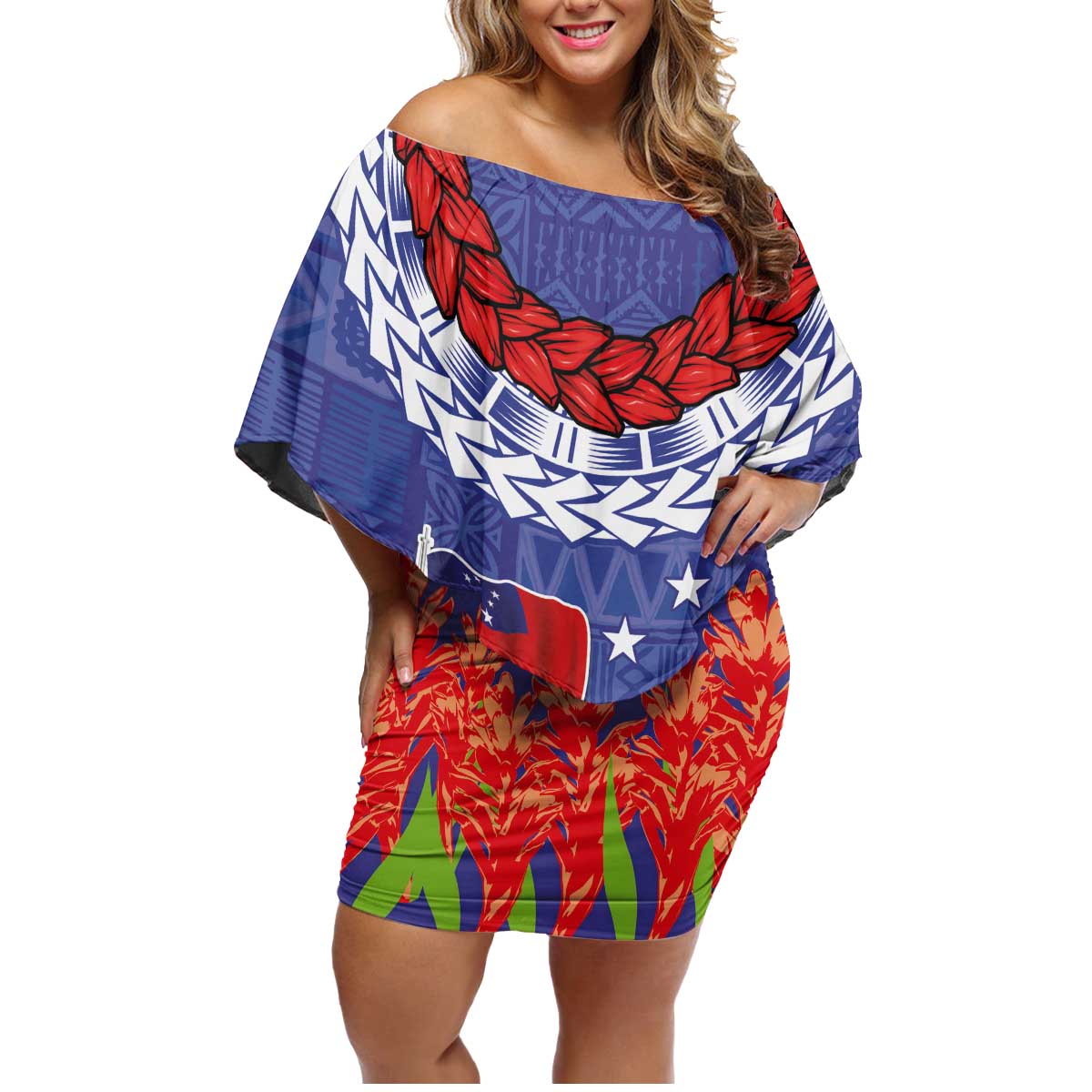 FAST Party Samoa Family Matching Off Shoulder Short Dress and Hawaiian Shirt Ula Fala Teuila Polynesian Tapa Pattern LT03 Mom's Dress Blue - Polynesian Pride