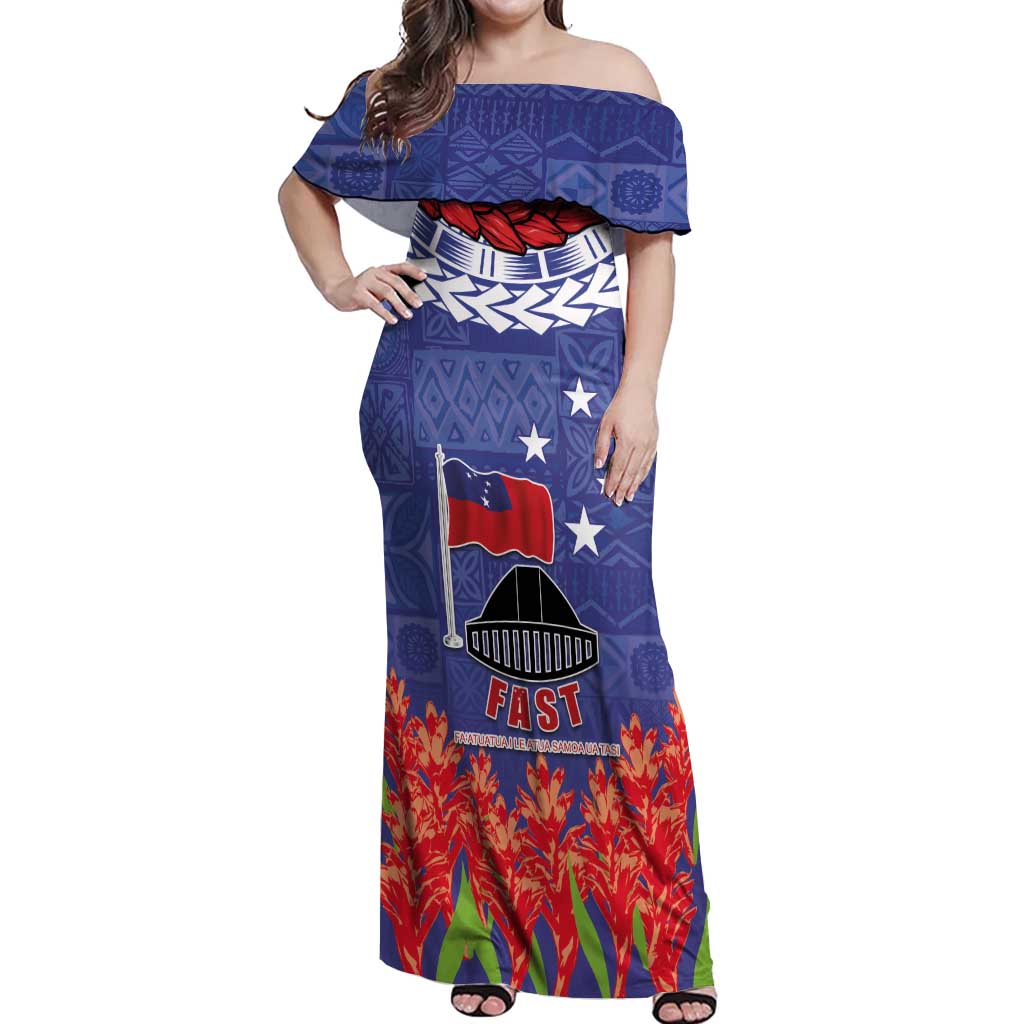 FAST Party Samoa Off Shoulder Maxi Dress Ula Fala Teuila Polynesian Tapa Pattern LT03 Women Blue - Polynesian Pride