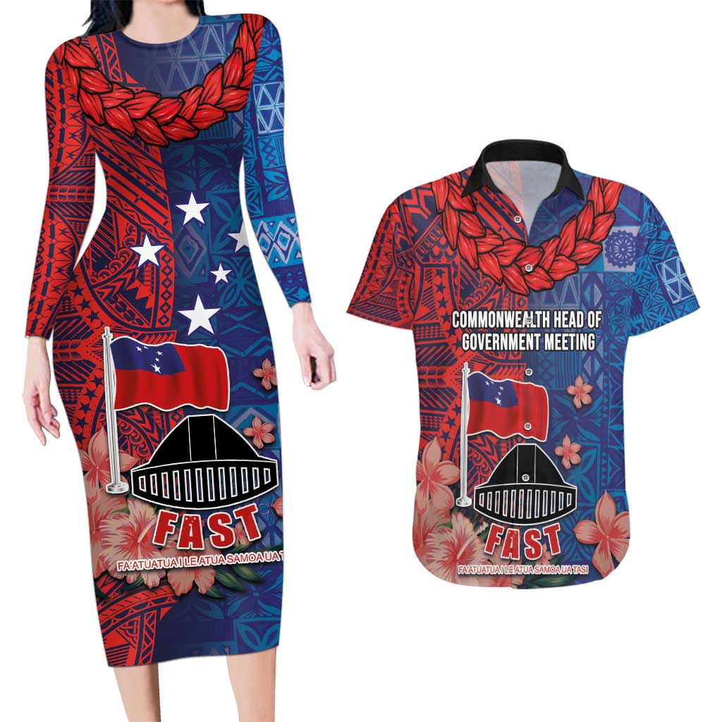 CHOGM FAST Samoa 2024 Couples Matching Long Sleeve Bodycon Dress and Hawaiian Shirt Samoan Tapa Tribal and Ornament Pattern with Hibiscus LT03 Blue - Polynesian Pride