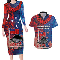 CHOGM FAST Samoa 2024 Couples Matching Long Sleeve Bodycon Dress and Hawaiian Shirt Samoan Tapa Tribal and Ornament Pattern with Hibiscus LT03 Blue - Polynesian Pride