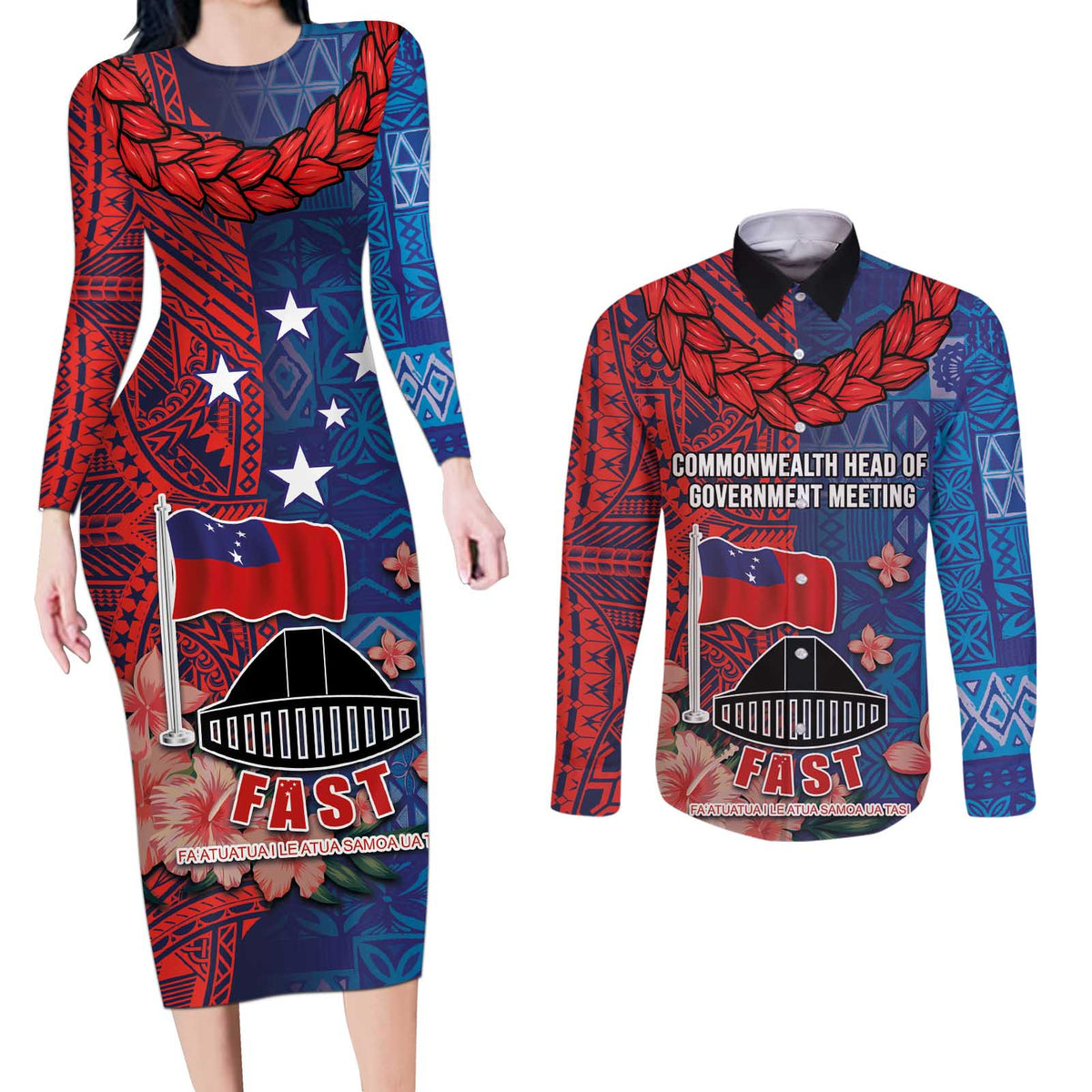 CHOGM FAST Samoa 2024 Couples Matching Long Sleeve Bodycon Dress and Long Sleeve Button Shirt Samoan Tapa Tribal and Ornament Pattern with Hibiscus LT03 Blue - Polynesian Pride