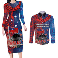 CHOGM FAST Samoa 2024 Couples Matching Long Sleeve Bodycon Dress and Long Sleeve Button Shirt Samoan Tapa Tribal and Ornament Pattern with Hibiscus LT03 Blue - Polynesian Pride