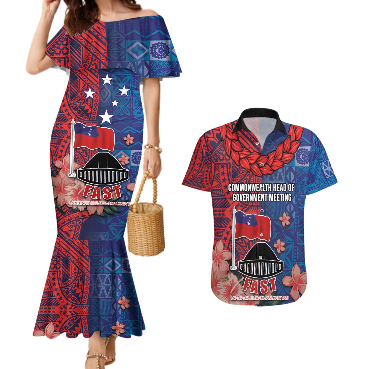 CHOGM FAST Samoa 2024 Couples Matching Mermaid Dress and Hawaiian Shirt Samoan Tapa Tribal and Ornament Pattern with Hibiscus LT03 Blue - Polynesian Pride