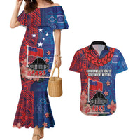CHOGM FAST Samoa 2024 Couples Matching Mermaid Dress and Hawaiian Shirt Samoan Tapa Tribal and Ornament Pattern with Hibiscus LT03 Blue - Polynesian Pride