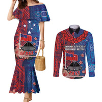 CHOGM FAST Samoa 2024 Couples Matching Mermaid Dress and Long Sleeve Button Shirt Samoan Tapa Tribal and Ornament Pattern with Hibiscus LT03 Blue - Polynesian Pride