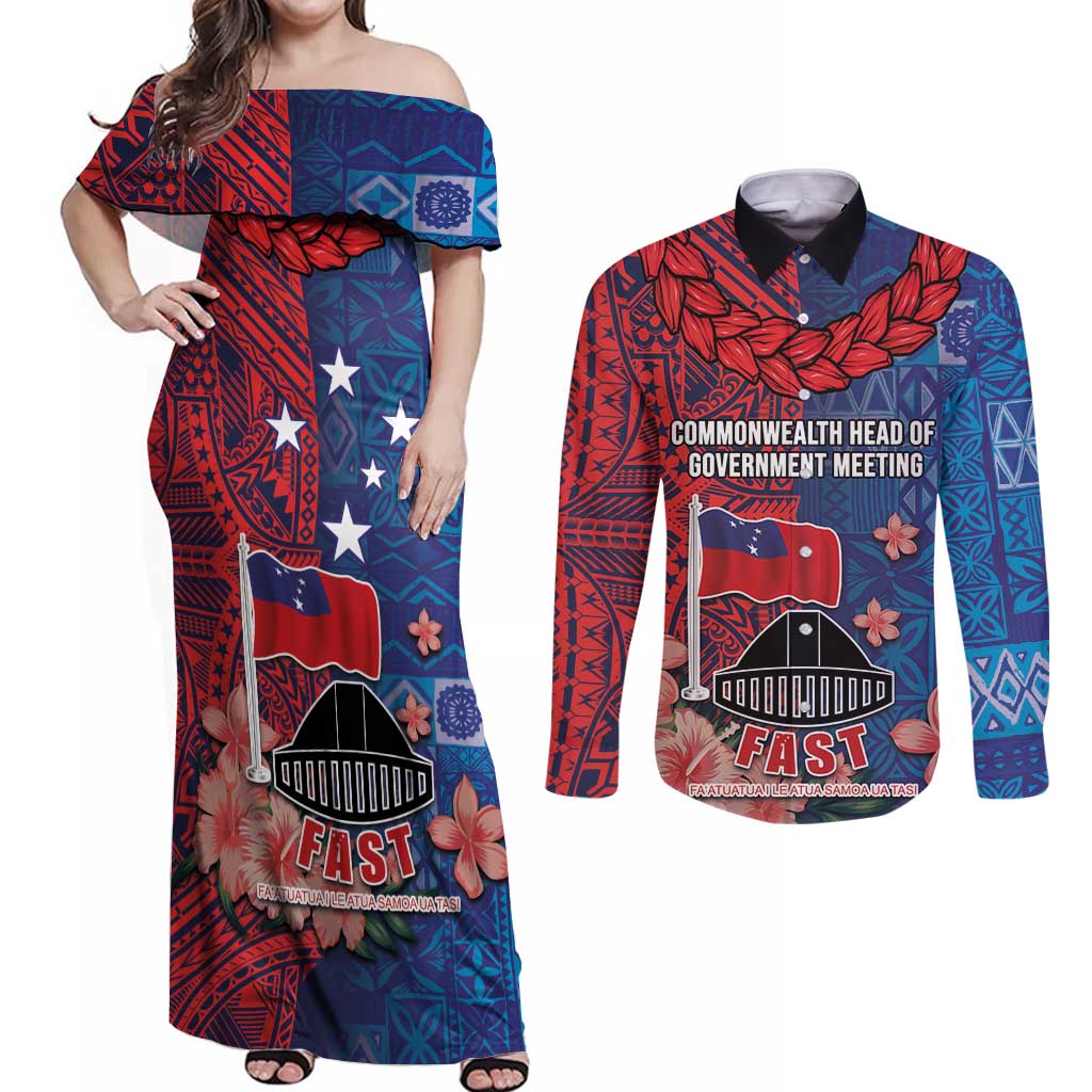 CHOGM FAST Samoa 2024 Couples Matching Off Shoulder Maxi Dress and Long Sleeve Button Shirt Samoan Tapa Tribal and Ornament Pattern with Hibiscus LT03 Blue - Polynesian Pride