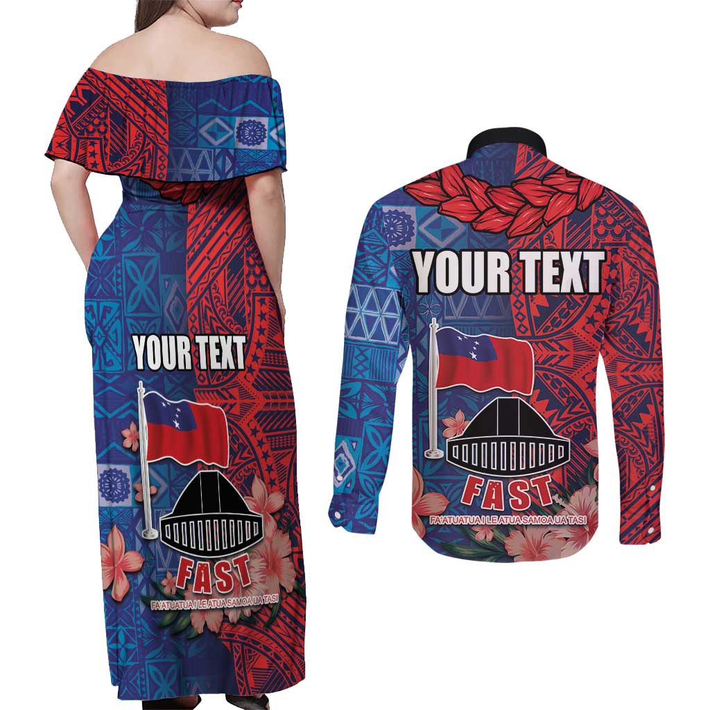 CHOGM FAST Samoa 2024 Couples Matching Off Shoulder Maxi Dress and Long Sleeve Button Shirt Samoan Tapa Tribal and Ornament Pattern with Hibiscus LT03 - Polynesian Pride