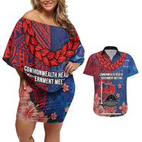 CHOGM FAST Samoa 2024 Couples Matching Off Shoulder Short Dress and Hawaiian Shirt Samoan Tapa Tribal and Ornament Pattern with Hibiscus LT03 Blue - Polynesian Pride