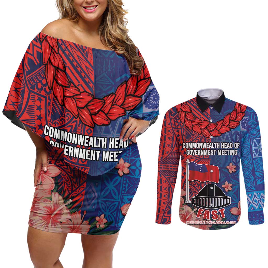 CHOGM FAST Samoa 2024 Couples Matching Off Shoulder Short Dress and Long Sleeve Button Shirt Samoan Tapa Tribal and Ornament Pattern with Hibiscus LT03 Blue - Polynesian Pride