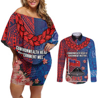 CHOGM FAST Samoa 2024 Couples Matching Off Shoulder Short Dress and Long Sleeve Button Shirt Samoan Tapa Tribal and Ornament Pattern with Hibiscus LT03 Blue - Polynesian Pride