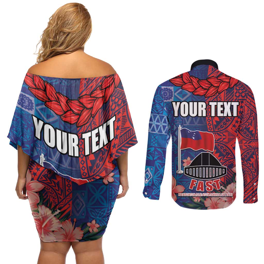 CHOGM FAST Samoa 2024 Couples Matching Off Shoulder Short Dress and Long Sleeve Button Shirt Samoan Tapa Tribal and Ornament Pattern with Hibiscus LT03 - Polynesian Pride