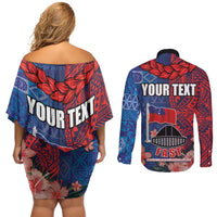 CHOGM FAST Samoa 2024 Couples Matching Off Shoulder Short Dress and Long Sleeve Button Shirt Samoan Tapa Tribal and Ornament Pattern with Hibiscus LT03 - Polynesian Pride