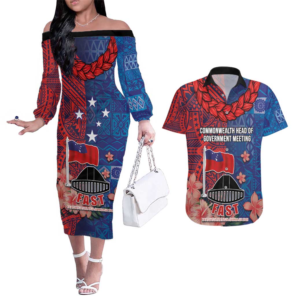 CHOGM FAST Samoa 2024 Couples Matching Off The Shoulder Long Sleeve Dress and Hawaiian Shirt Samoan Tapa Tribal and Ornament Pattern with Hibiscus LT03 Blue - Polynesian Pride
