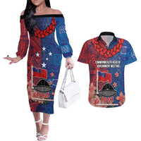 CHOGM FAST Samoa 2024 Couples Matching Off The Shoulder Long Sleeve Dress and Hawaiian Shirt Samoan Tapa Tribal and Ornament Pattern with Hibiscus LT03 Blue - Polynesian Pride
