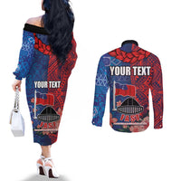 CHOGM FAST Samoa 2024 Couples Matching Off The Shoulder Long Sleeve Dress and Long Sleeve Button Shirt Samoan Tapa Tribal and Ornament Pattern with Hibiscus LT03 - Polynesian Pride