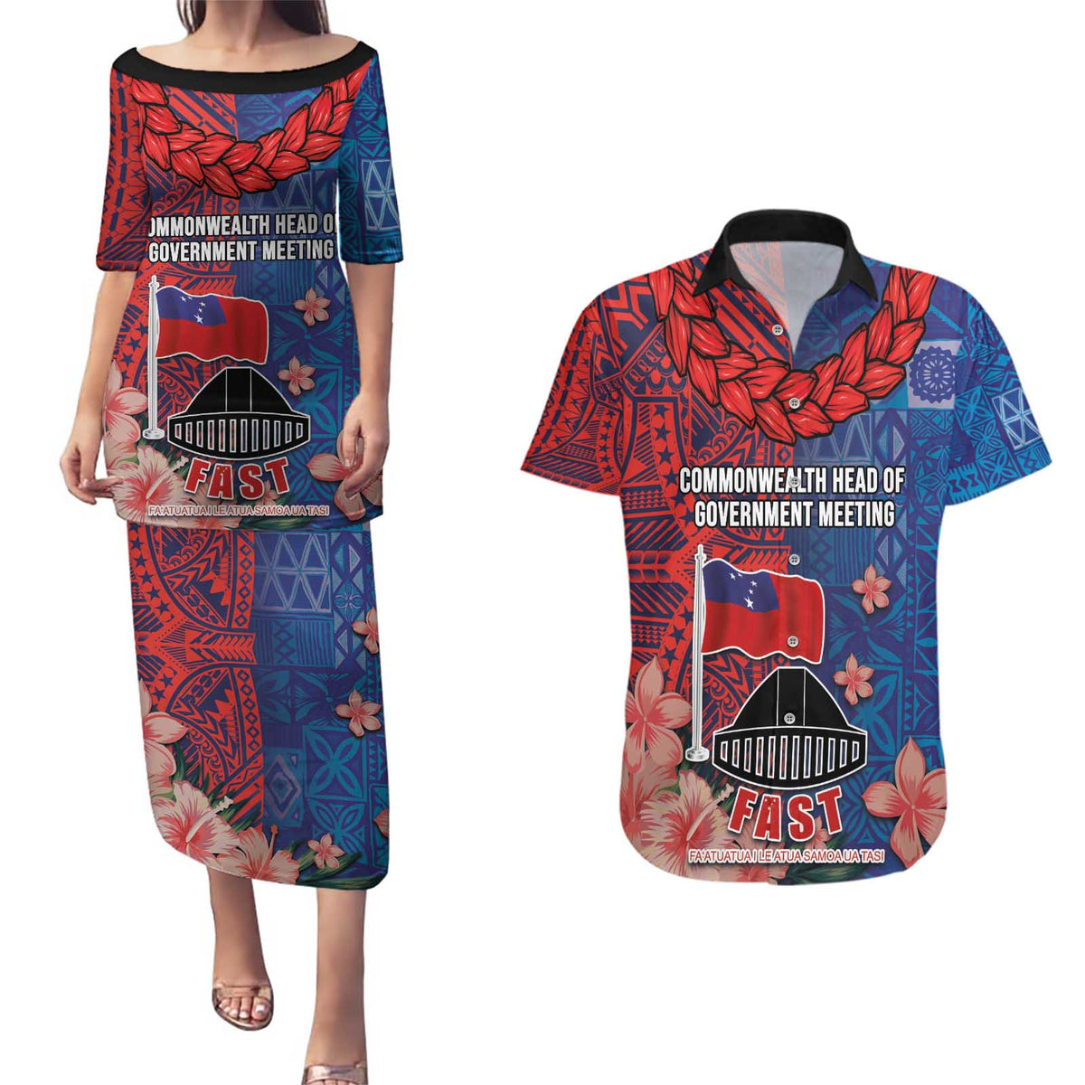 CHOGM FAST Samoa 2024 Couples Matching Puletasi and Hawaiian Shirt Samoan Tapa Tribal and Ornament Pattern with Hibiscus LT03 Blue - Polynesian Pride