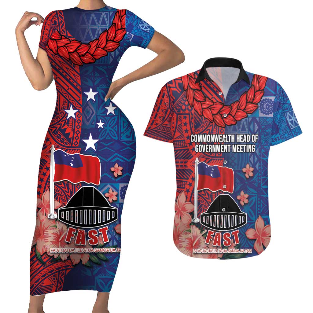 CHOGM FAST Samoa 2024 Couples Matching Short Sleeve Bodycon Dress and Hawaiian Shirt Samoan Tapa Tribal and Ornament Pattern with Hibiscus LT03 Blue - Polynesian Pride