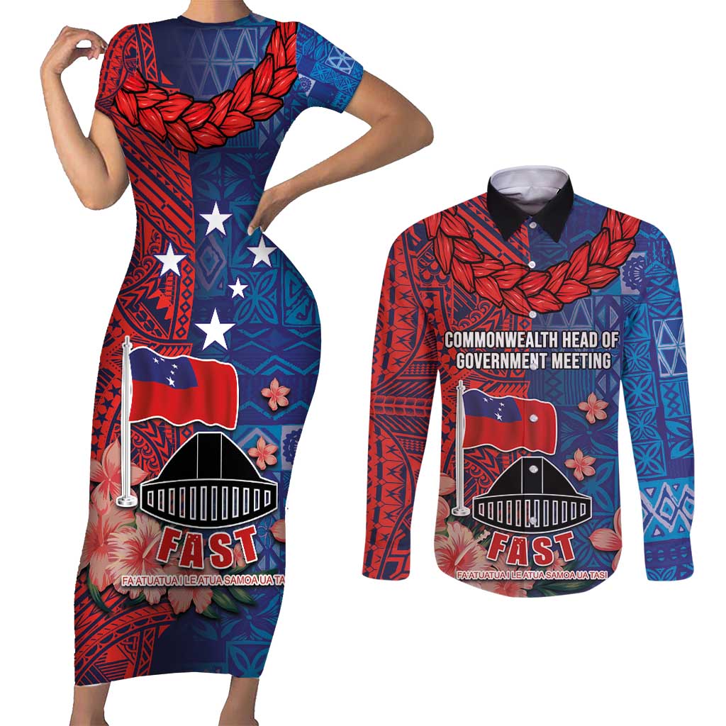 CHOGM FAST Samoa 2024 Couples Matching Short Sleeve Bodycon Dress and Long Sleeve Button Shirt Samoan Tapa Tribal and Ornament Pattern with Hibiscus LT03 Blue - Polynesian Pride