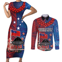 CHOGM FAST Samoa 2024 Couples Matching Short Sleeve Bodycon Dress and Long Sleeve Button Shirt Samoan Tapa Tribal and Ornament Pattern with Hibiscus LT03 Blue - Polynesian Pride