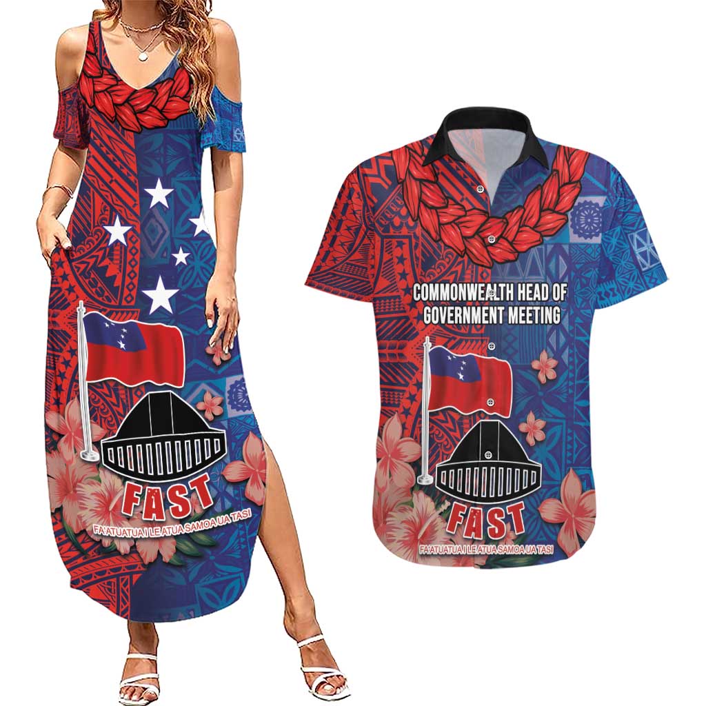 CHOGM FAST Samoa 2024 Couples Matching Summer Maxi Dress and Hawaiian Shirt Samoan Tapa Tribal and Ornament Pattern with Hibiscus LT03 Blue - Polynesian Pride