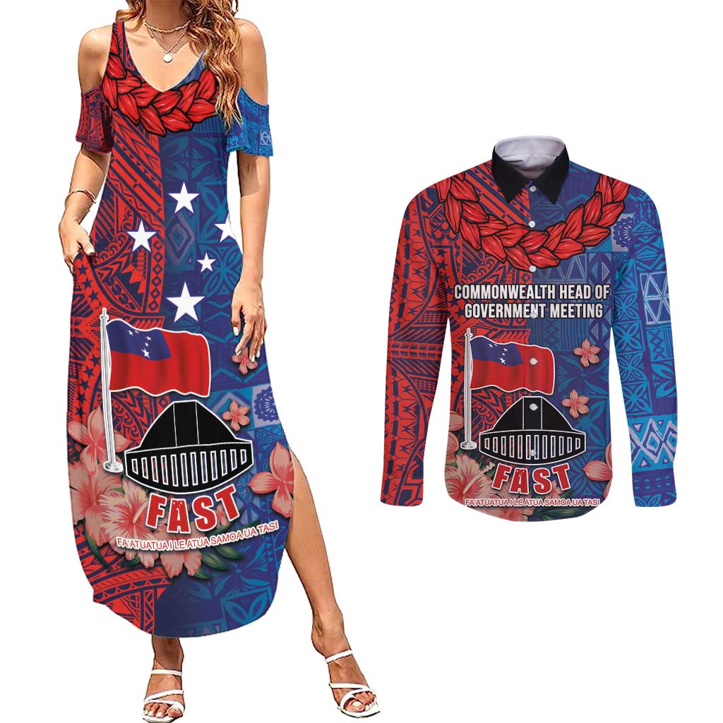 CHOGM FAST Samoa 2024 Couples Matching Summer Maxi Dress and Long Sleeve Button Shirt Samoan Tapa Tribal and Ornament Pattern with Hibiscus LT03 Blue - Polynesian Pride