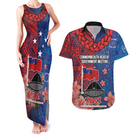 CHOGM FAST Samoa 2024 Couples Matching Tank Maxi Dress and Hawaiian Shirt Samoan Tapa Tribal and Ornament Pattern with Hibiscus LT03 Blue - Polynesian Pride