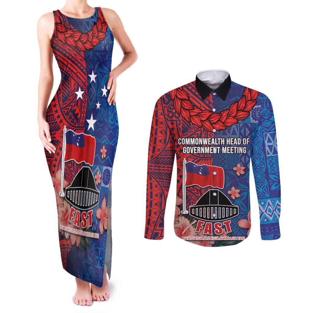 CHOGM FAST Samoa 2024 Couples Matching Tank Maxi Dress and Long Sleeve Button Shirt Samoan Tapa Tribal and Ornament Pattern with Hibiscus LT03 Blue - Polynesian Pride