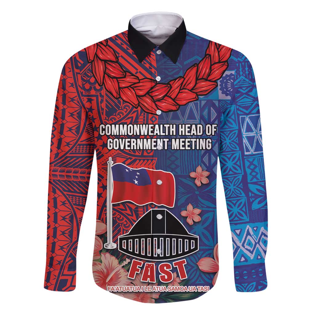 CHOGM FAST Samoa 2024 Family Matching Mermaid Dress and Hawaiian Shirt Samoan Tapa Tribal and Ornament Pattern with Hibiscus LT03 Dad's Shirt - Long Sleeve Blue - Polynesian Pride